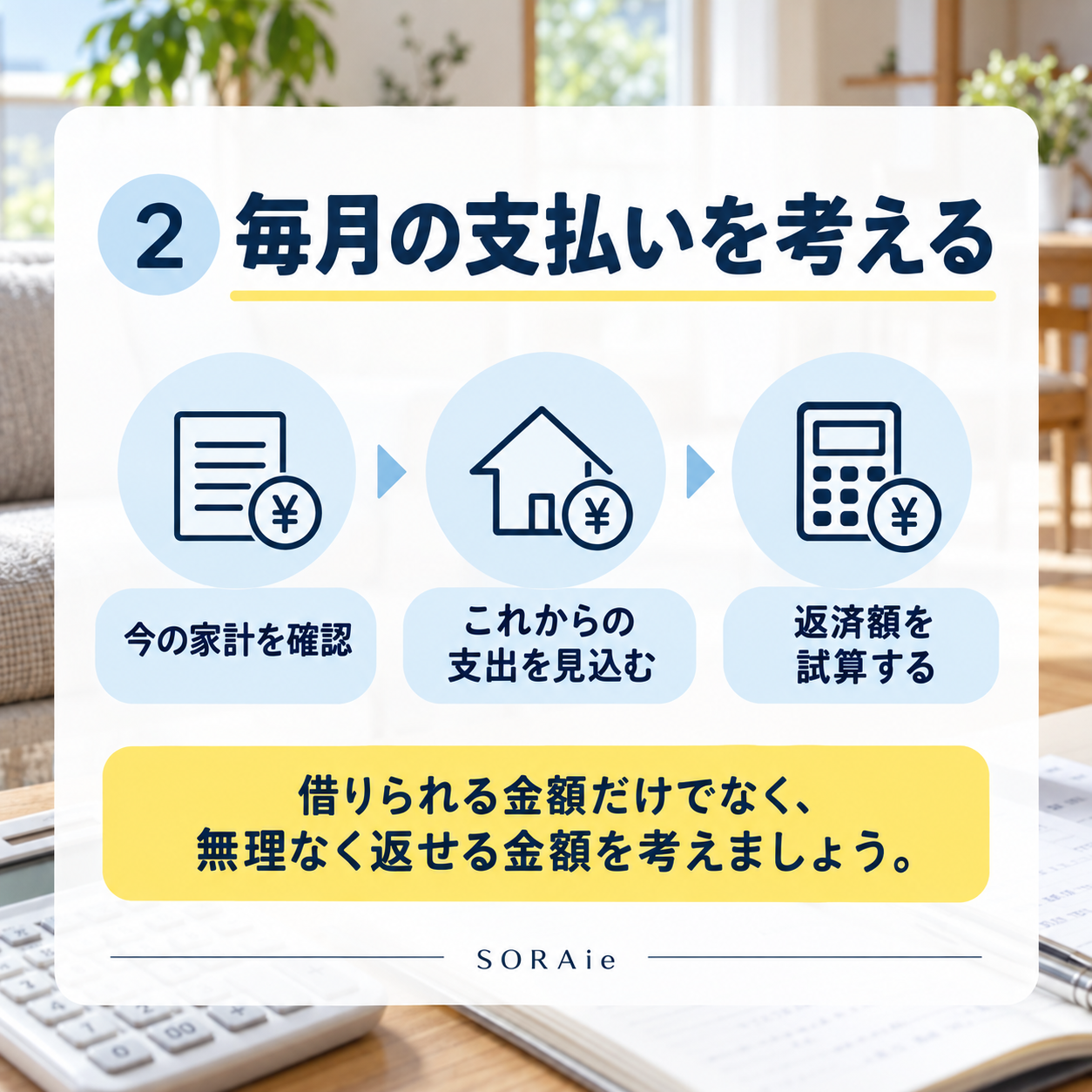 今の家計と今後の支出を確認して毎月の住宅ローン返済額を考える画像