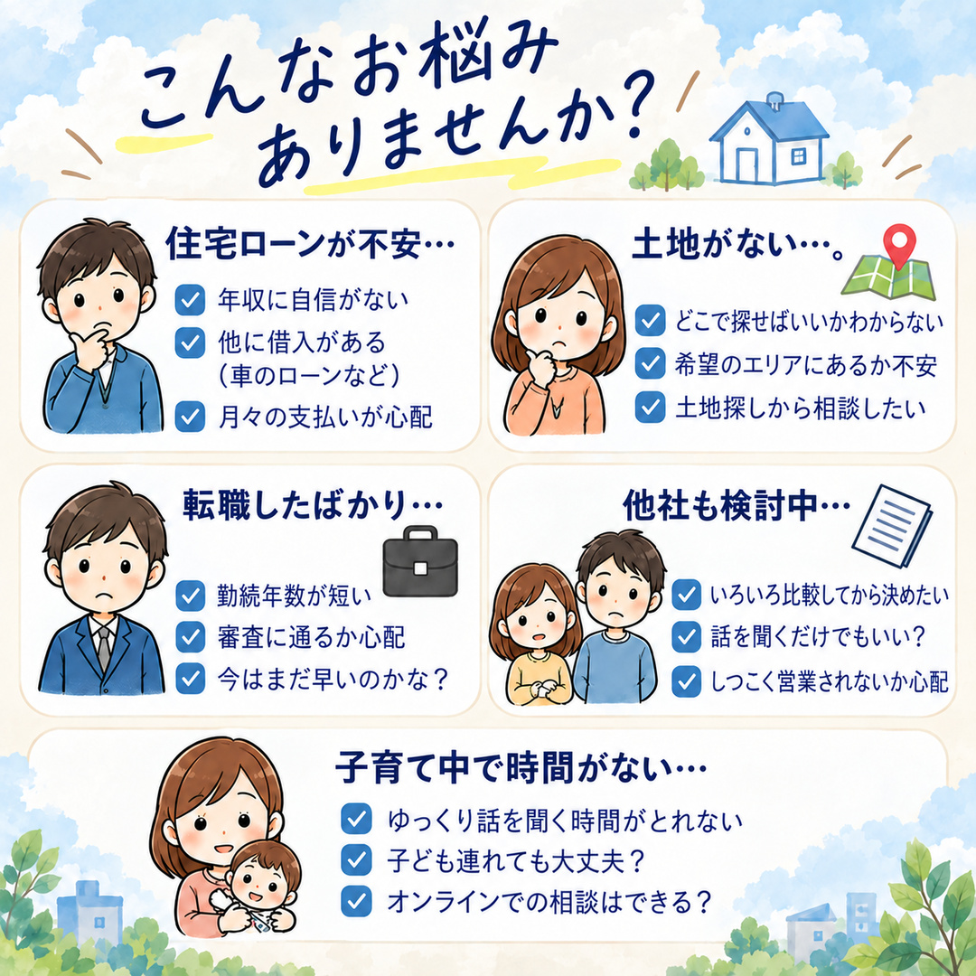住宅ローンや土地探し、転職後の家づくりなどについての悩み