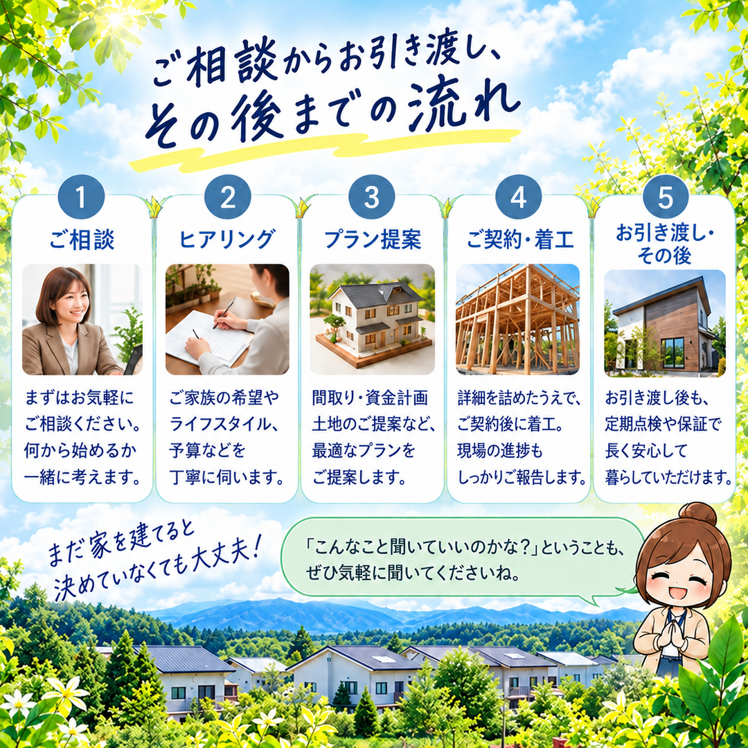 ご相談、ヒアリング、プラン提案、契約・着工、お引き渡し後までの流れ